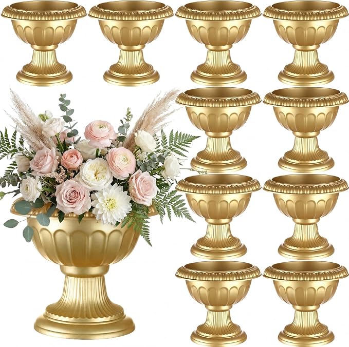 Vesici 12 Pcs Gold Urn Vase for Centerpieces Wedding Table Decoration Centerpieces Gold Compote Bowl Vase 6.48'' Wide 5.9'' High Vintage Plastic Flower Vases for Wedding Home Birthday Party Decor