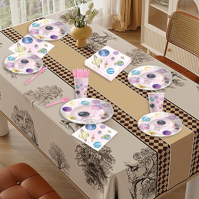 140PCS Space Themed Paper Plates Party Supplies Decorations, Supplies for Girls Baby Birthday Party Decorations Pink Moon Star Outer Space Planet Theme Plates Set for 20 Guests