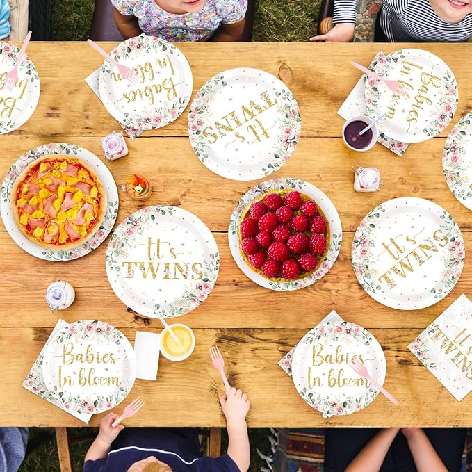 96Pcs Twins Baby Shower Party Decorations Wildflower Baby in Bloom Paper Plates and Napkins Pink Gold Floral It's Twins Disposable Tableware Set for Boys Girls Birthday Party Supplies, Serves 24