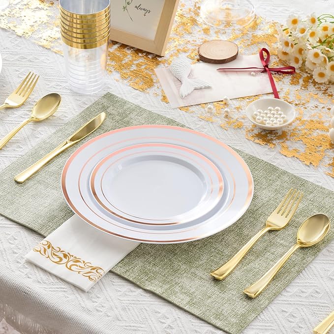 Fijinhom 175 Pcs Rose Gold Disposable Plates for 25 Guests, Disposable Plastic Plates, Dinnerware Set Include 25 Dinner Plates, 25 Salad Plates,25 Cups, 25 Paper Napkins for Party, Wedding