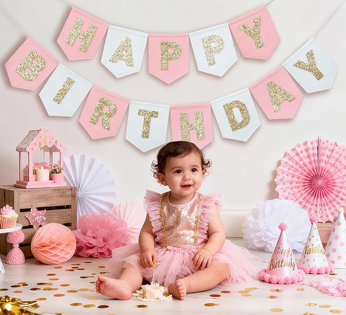 Felt Pink Gold White Happy Birthday Banner Birthday Decorations for Women Girls Boys Men Pets Handmade Party Backdrop