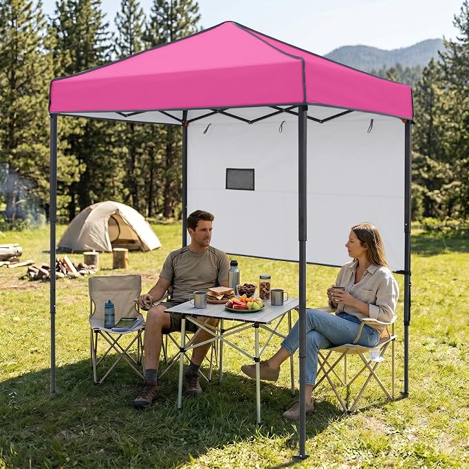 EAGLE PEAK 6x4 Instant Pop Up Canopy Tent with 1 Half Wall Panel, Straight Leg Sun Shelter, Portable Canopy with Carry Bag for Camping, Beach & Sports, Pink
