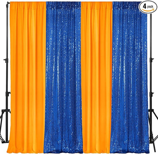 VitalCozy 4 Panels Backdrop Curtains 2 Pcs 4 x 10 ft Sequin Glitter 2 Pcs 7 x 10 ft Chiffon Photo Background Curtains for Graduation Wedding Birthday Party Decorations(Orange, Navy Blue)