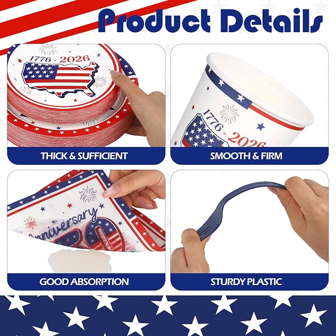 Kochorie 400 Pieces USA 250th Anniversary Party Supplies, Disposable Patriotic Tableware Sets with America 250th Anniversary Paper Plates Cups Napkins Cutlery Serves 50 for 4th of July Party Supplies