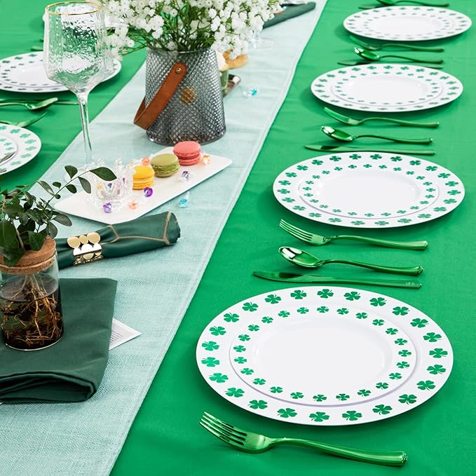 WDF 25Guest St Patrick’s Day Plates - Green Plastic Plates with Shamrock Clover & Disposable Silverware - Premium White and Green Plastic Dinnerware for St. Patrick’s Day