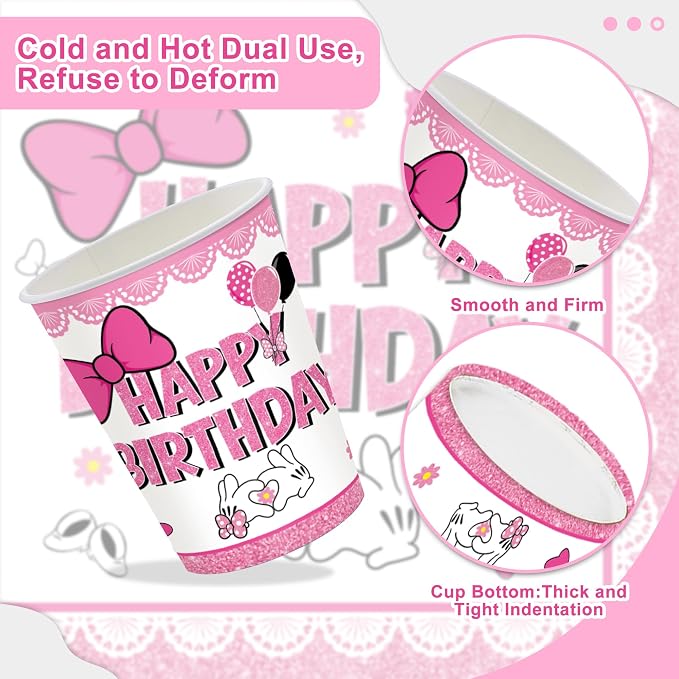 120pcs Pink Bow Mouse Plates Napkins Cartoon Birthday Party Supplies Disposable Paper Cups Pink Forks Tableware Set for Birthday Party Decorations 20 Guests