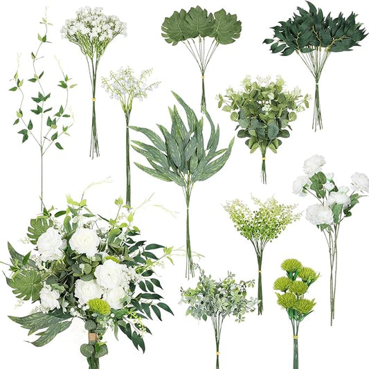 Cindeer 125 Pcs Artificial Greenery Stems Box Set with 11 Kinds Faux Greenery Stems Fake Eucalyptus for DIY Bridal Bouquets Arrangement Wedding Home