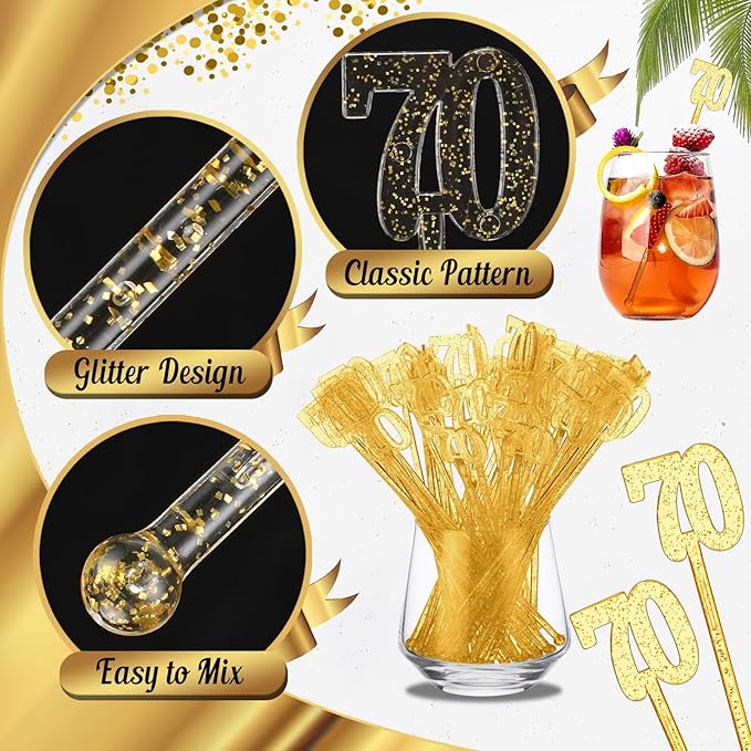 Reallnaive 100 Pcs 70th Birthday Drink Stirrers Gold Glitter Cocktail Stirrers Plastic Swizzle Sticks 7.5 Inch Fall Birthday Cupcake Toppers Sticks Bulk for Coffee Bar Cake Pops Christmas Party Favor