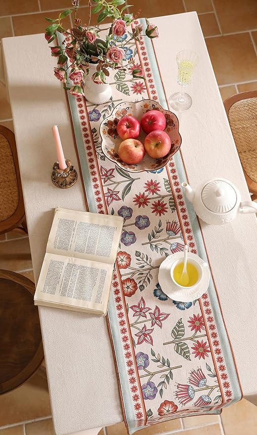 bilin gaier Floral Linen Long Table Runner,Wrinkle-Resistant Rustic Farmhouse Decor with Blue and Red Flower,Decorative Luxury Vintage Runner Table Cloth for Coffee & Dining Table,12"x71" - Lohi