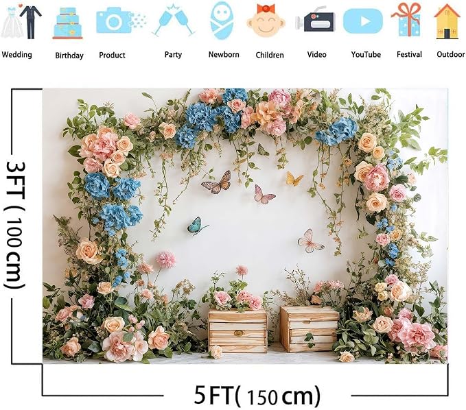 8X6ft Flower Butterfly Birthday Backdrop Spring Colorful Scenic Floral Flowers Wall Photography Backdrops Butterfly Fairy Tale Wedding Decoration Kids Birthday Party Background Photoshot