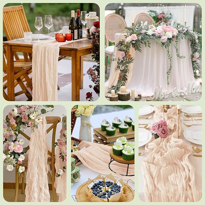 Wokceer Cheesecloth Table Runner 2 Pack 10FT Beige Boho Gauze Christmas Cheese Cloth Table Runner for Party Long Rustic Sheer Table Runners for Baby Bridal Shower Wedding Easter Table Decor