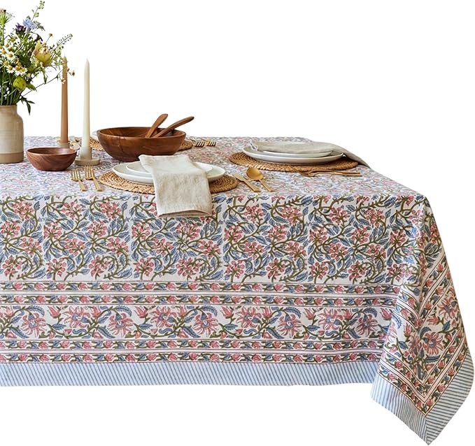 ATOSII Kalina 100% Cotton Square Tablecloth, Handblock Floral Print Linen Table Cloth for Kitchen I Dining Table I Tabletop I Parties I Wedding I Spring/Summer (60 X 60 Inches)