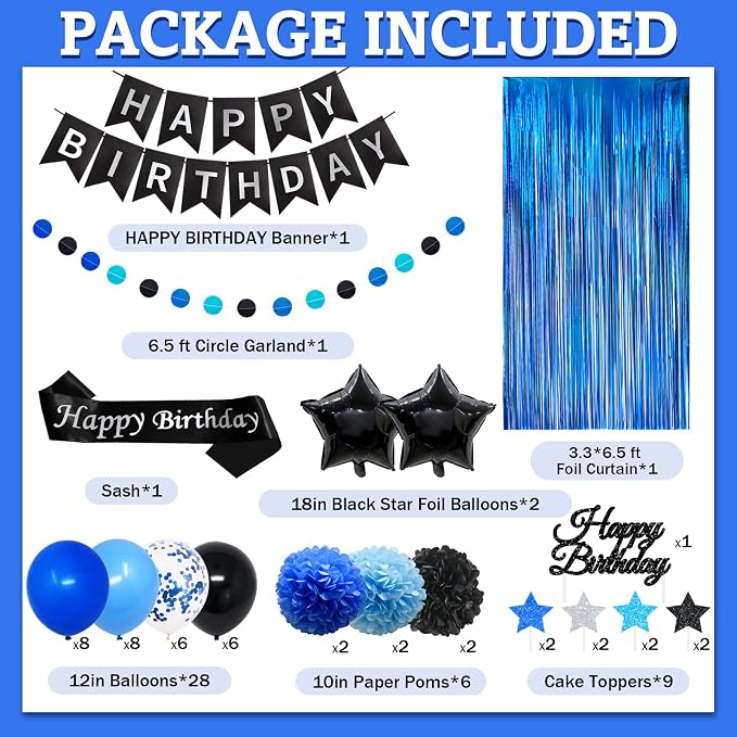 Blue and Black Birthday Decorations, 50PCS Happy Birthday Decorations for Men with Banner Balloons Sash Foil Fringe Curtain Paper Pompoms, Blue Party Decoration Party Supplies for Boys Kids