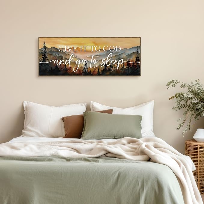 TLESKE Give It to God and Go to Sleep Sign Large Wall Art Decor 15x40 | Fall Mountain Landscape Canvas Wall Art Framed Print for Bedroom Living Room, Forest Sunset Wall Artwork Picture