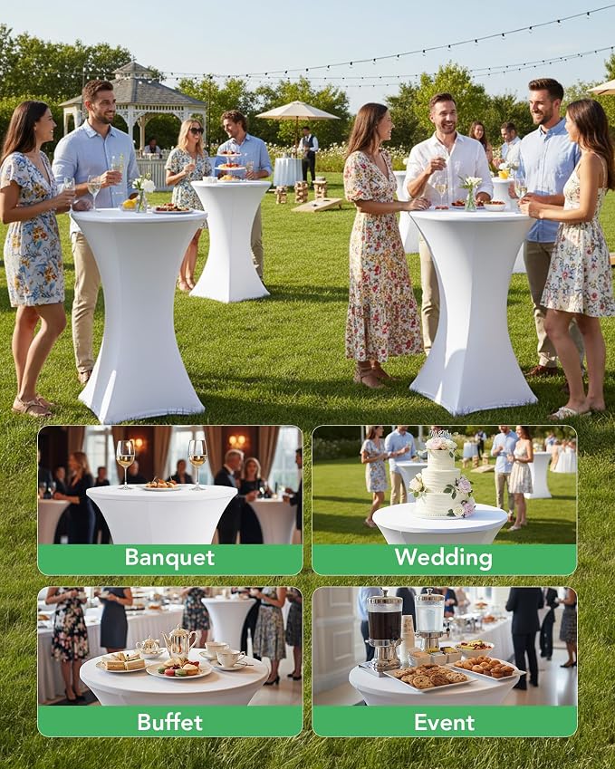 KeyWave Cocktail High Top Table Covers - 32x43 Inch Fitted Spandex Round Cocktail Tablecloth for Bar Height Standing Table Cloths Reusable, for Party Wedding Banquet Event Decorations, White, 8 Pack
