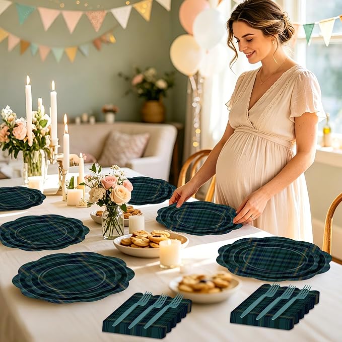 96 Pcs Tartan Plaid Baby Shower Plates and Napkins Set, Blue Green Baby Shower Party Supplies for 24 Guests include Disposable Green Tartan Scalloped Plates, Napkins and Forks for Baby Shower Wedding
