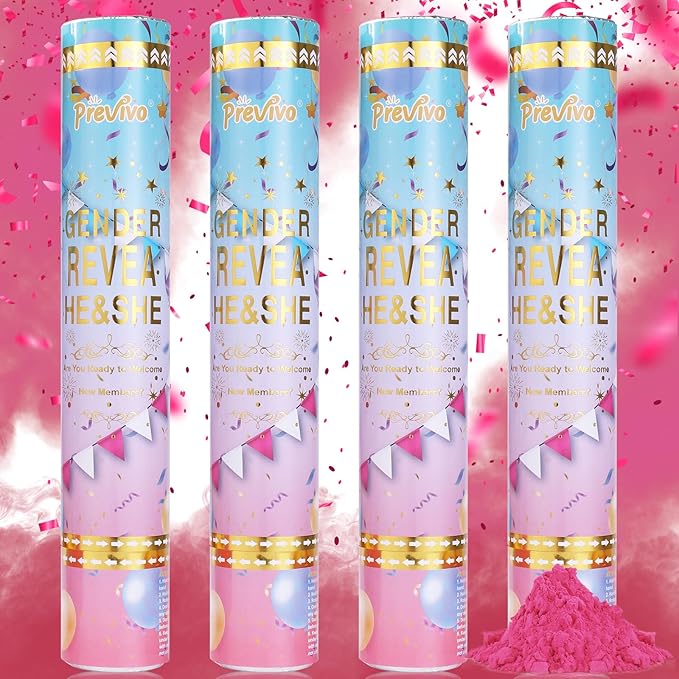 Previvo Gender Reveal Confetti Powder Cannon - 4 Pack Pink Baby Gender Reveal Poppers - 100% Biodegradable Powder Smoke - Baby Party Supplies