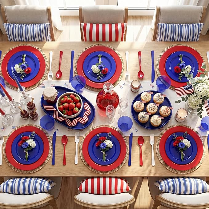 KIRE 150PCS 4th of July Plates & Red White Blue Disposable Plastic Silverware &Clear Blue Cups-American Flag Patriotic Party Supplies for Celebration Activities,Independence Day, Memorial Day