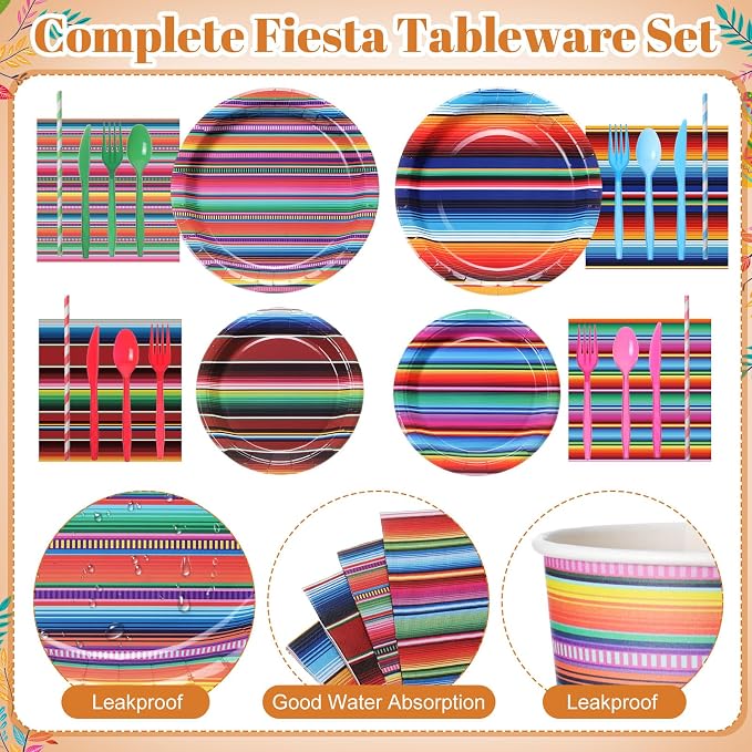 450 Pcs Mexican Serape Party Tableware Set Fiesta Decorations Taco Bar Paper Plates Colorful Stripes Napkins Cups Cutlery Straws for Taco Tex Mex Birthday Party Supplies, Serves 50