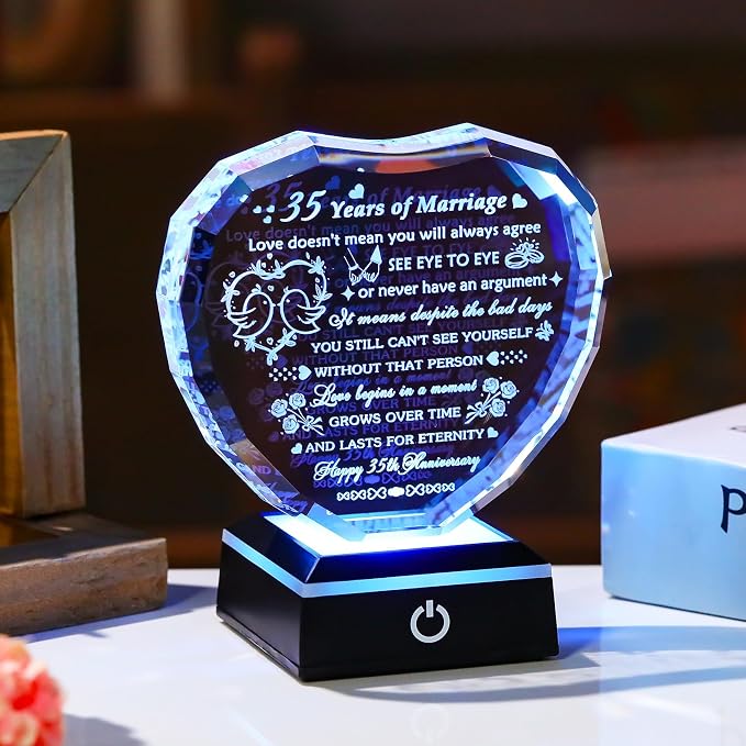 Arikyrist 35th Wedding Anniversary Crystal Heart Gifts for Couple, Laser Engraved 35 Year Anniversary Crystal Gifts for Wife Husband Parents, Romantic 35 Years of Marriage Gift for Him Her Friends