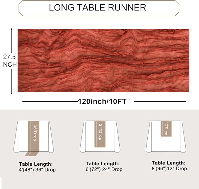 Snowkingdom 6PCS 10Ft Fall Thanksgiving Table Runner Terracotta Rust Cheesecloth Gauze, 120 inch Long Burnt Orange Boho Cheese Cloth for Wedding Bridal Shower Rustic Sheer Table Decorations