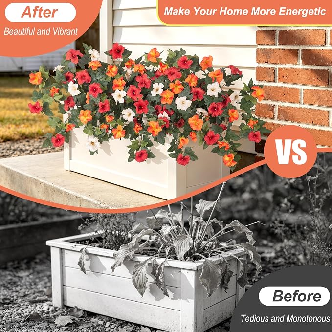 Ammyoo Artificial Fall Flowers Fake Petunias Plants for Outdoor Decoration | 4 Pcs UV Resistant Faux Silk Flowers No Fade Floral for Garden Balcony Yard Porch Realistic Indoor Decor (Orange White)