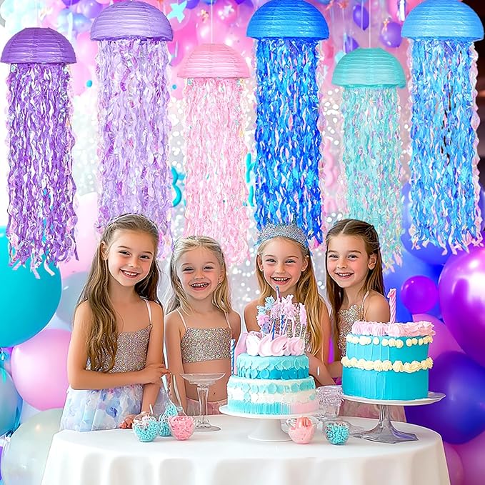 OBXT 10" Mermaid Jellyfish Lanterns – Pink Purple Blue Decorations for Mermaid Birthday Party, Under the Sea Theme, Baby Shower, Ocean & Beach Room Hanging Decor (Set of 6)