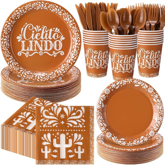 400 Pcs Cielito Lindo Party Decoration for 50, Terracotta Cielito Lindo Paper Plates Napkins Cups Cutlery Mexican Disposable Tableware for Cinco De Mayo Fiesta Baby Shower Birthday Supply