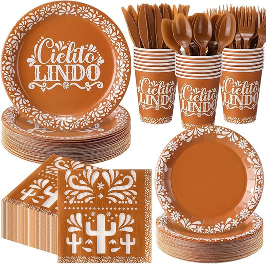 400 Pcs Cielito Lindo Party Decoration for 50, Terracotta Cielito Lindo Paper Plates Napkins Cups Cutlery Mexican Disposable Tableware for Cinco De Mayo Fiesta Baby Shower Birthday Supply