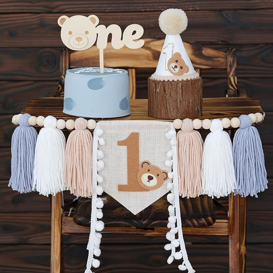 DCJHFJ Bear First Birthday Blue High Chair Banner Decorations Baby Boy with 1st Birthday Hat One Cake Topper for 1st Birthday Party Decor