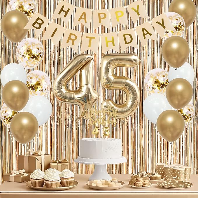 Trgowaul 45th Birthday Decorations for Women, Banner, Sash and Crown, Cake Topper, 45 Number Balloon, Fringe Curtains, Champagne Gold 45th Birthday Party Supplies