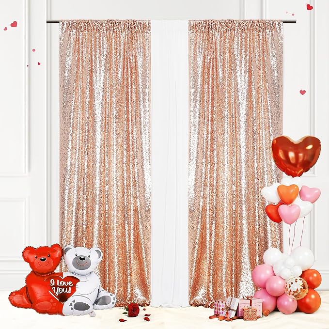 Eternal Beauty Sequin Backdrop Curtains, 2x8 Ft-2 Panels Rose Gold Back Drop for Mother's Day Shimmer Photography Party Wedding Birthday Decor
