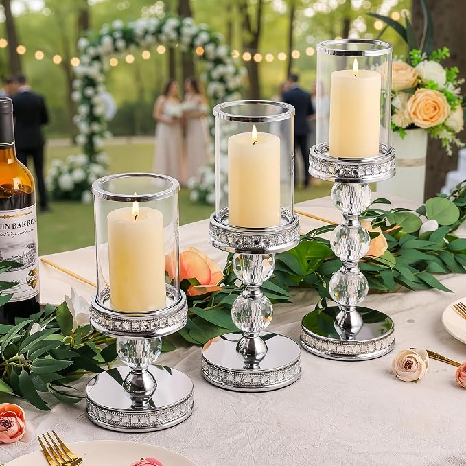 12.4" Tall Hurricane Candle Holder, Pillar Candle Holders with Glass Sleeve with Gift Box, Crystal Candle Stands for Home Warming, Weddiing, Dining Room Decor, Table Centerpiece (2, Silver, M)