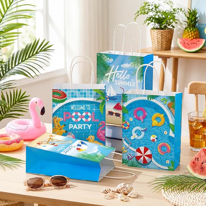 Outus 48 Pieces Summer Pool Party Favors Bags Beach Gift Goodie Paper Bags with Handles Beach Swimming Pool Candy Treat Pouch for Summer Hawaiian Luau Birthday Holiday Party Supplies