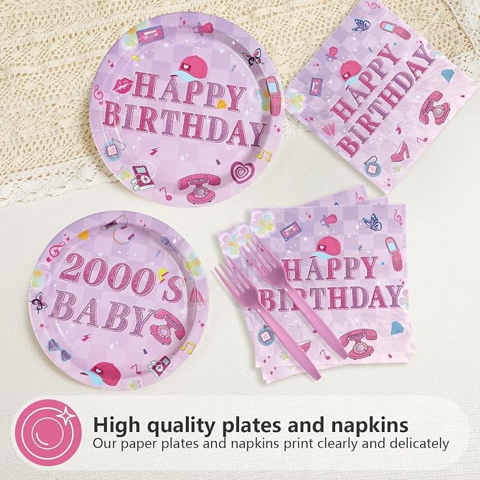 96Pcs 2000s Birthday Party Decorations Y2k Hot Pink Bday Plates and Napkins Disposable Early 2000s Theme Tableware Set for 00s Girls Teen Y2k Birthday Hot Pink Bachelorette Party Supplies Serves 24