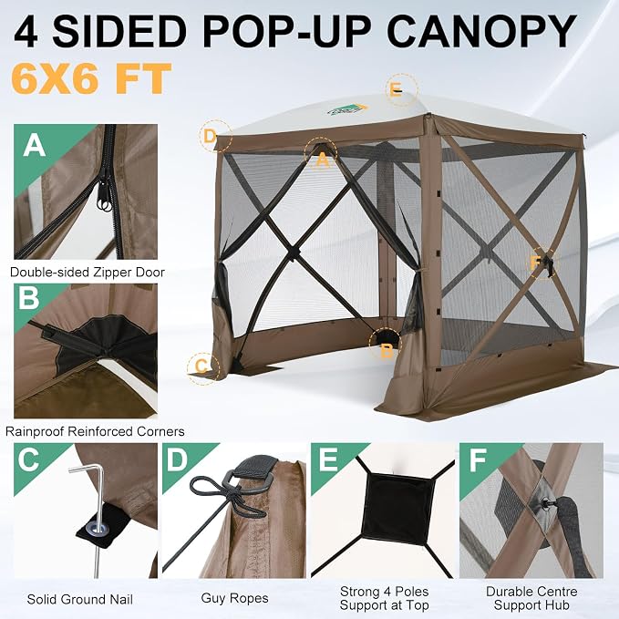 COBIZI 6x6 FT Pop up Gazebo, Popup Canopy Tent, Screened in Gazebos with sidewalls, Waterproof Portable Outdoor Small Screen Tents Sun Shelter,carpas para Patio for Camping, Garden and Backyard,Brown