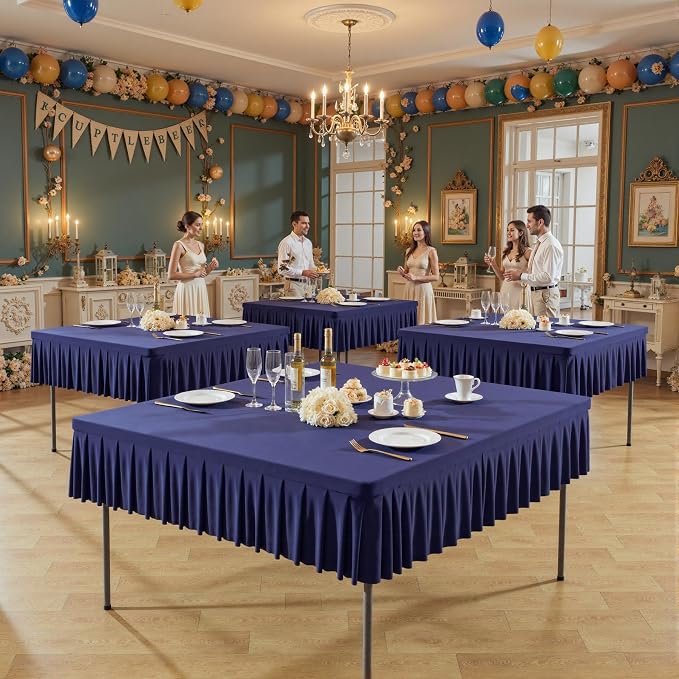 48x48 Inch Navy Blue Spandex Square Tablecloth,Wrinkle Free Navy Blue Fitted Table Cloth for Square Tables,Washable Pleated Table Cover for Wedding Birthday Cocktail Party Buffet Dinner Camping