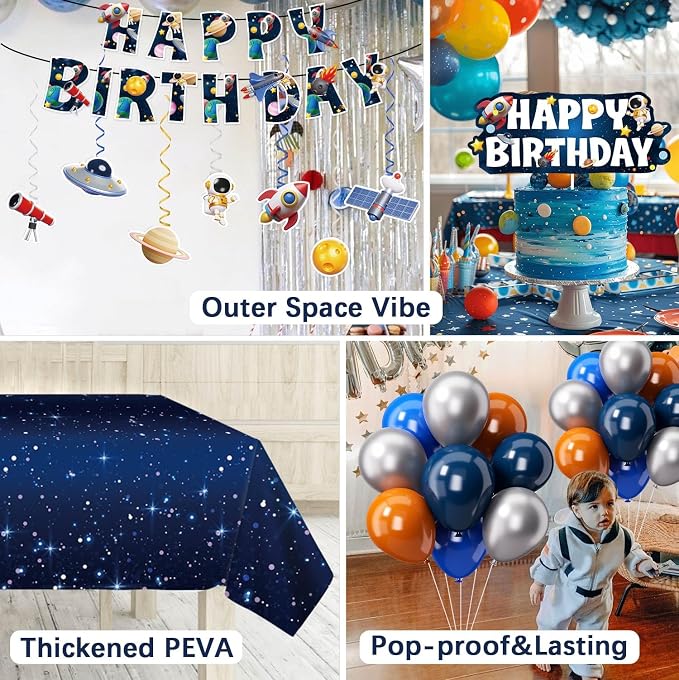 Space Themed Birthday Party Decorations Plates Set, All-In-One Outer Space Planet Party Plates Napkins Cups Forks Banner Hanging Swirls Cake Cupcake Toppers Tablecloth Balloons Kit