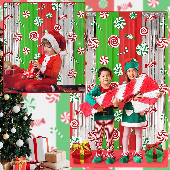 Blosssound 2 Packs Christmas Party Decorations 3.3 x 6.6 ft Candy Cane Foil Fringe Curtain Xmas Holiday Tinsel Streamers for Xmas Winter Holiday Baby Shower Decoration(2 Packs, Christmas Candy)
