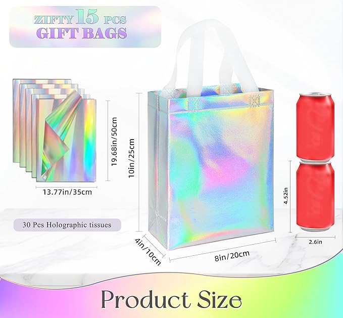 ZIFTY 15PCS Iridescent Gift Bags with Handles, Reusable Non-woven Goodie Christmas Gift Bags Bulk with Tissue Papers for Birthday, Wedding, Easter, Holiday Party，Party Favor Bags