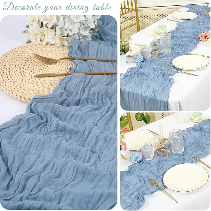 10 Pack Cheesecloth Table Runner 17 x 108 inch Long Boho Gauze Table Runners Semi Sheer Table Runner for Wedding Decor, Baby Shower, Birthday Party, Banquet (Dusty Blue)