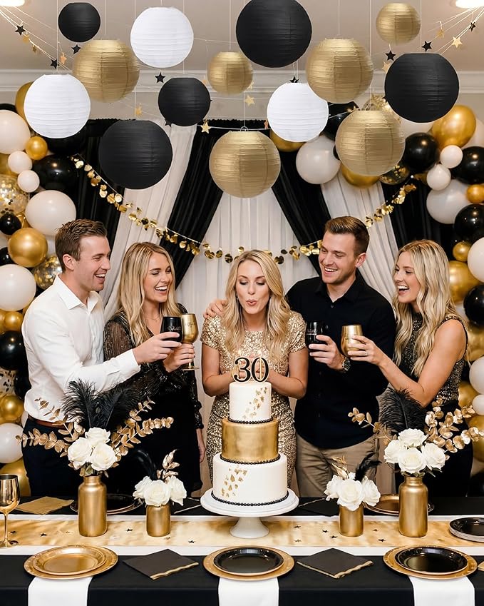 Treela 48 Pcs Paper Lanterns Party Decorations Chinese Round Paper Decor 4/6/8/10 Inch Asian Hanging Lamps Decorative for Graduate Wedding Birthday Party Bridal Parties Supplies(Gold,Black)