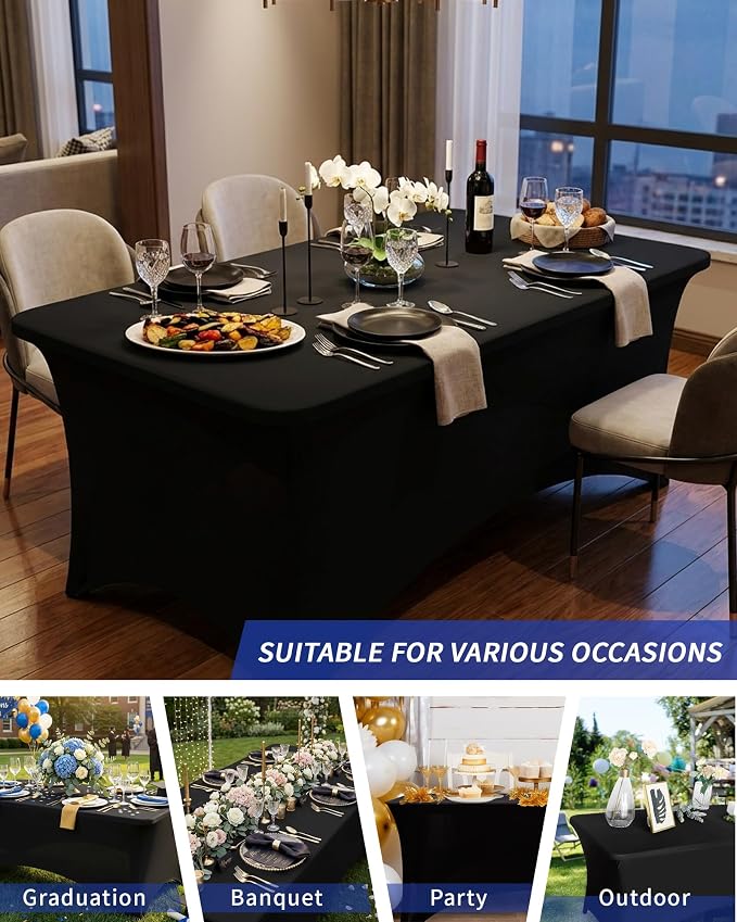 Fixwal 18 Pack 6Ft Black Table Cover, Spandex Fitted Bulk Tablecloths Rectangle, Wrinkle-Free and Stretch Folding Table Cloth for Banquet, Wedding, Party, Trade Show