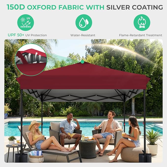JEAREY 10x10 ft Pop Up Canopy Tent, Heavy Duty Outdoor Canopy with 1-Push Instant Setup, Commercial Tent with Roller Bag, 4 Sandbags and 8 Stakes, Water-Resistant, Red