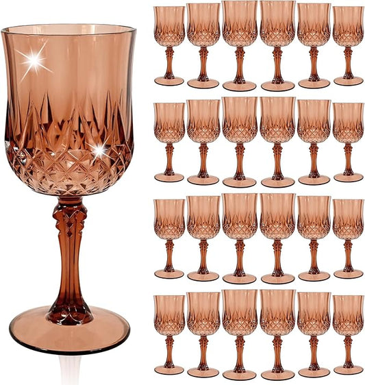 24 Pcs Rose Gold Plastic Wine Glasses, Plastic Goblets for Parties, Vintage Wine Glasses Bulk, Reusable Drinking Glass, Drinkware Cups for Wedding Party Reception Event Supplies