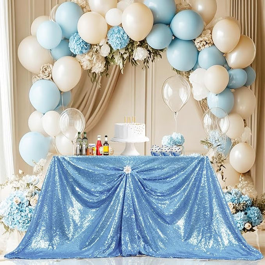 PartyDelight Sequin Tablecloth Baby Blue 50"x80" Rectangular Table Cloth for Wedding Sweetheart Christmas Other Events