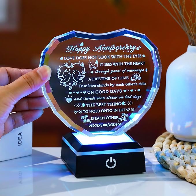 Arikyrist Wedding Anniversary Crystal Heart Gifts for Couple Parents, Happy Anniversary Crystal Gift for Wife Husband Men Women with LED Base Marriage Present for Him Her Girlfriend Boyfriend