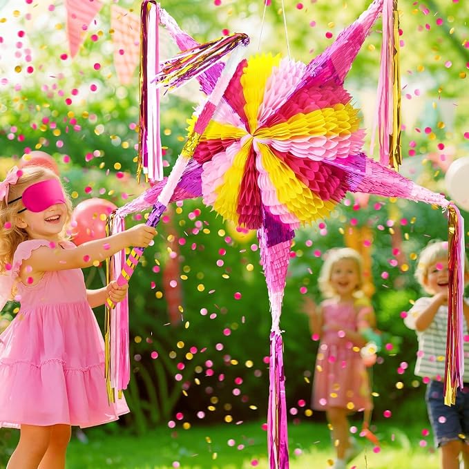 WERNNSAI Large 32" Cinco de Mayo Star Piñata - Foldable Pink Mexican Star Piñata for Kids Girls Pink Piñata Fiesta Party Decorations Luau Event Birthday Party Supplies Mexican Theme Carnivals