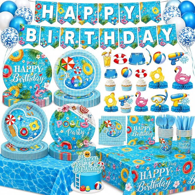 Pool Birthday Party Decorations - Plates, Napkins, Cups, Cutlery, Honeycomb Centerpieces, Banner, Hanging Swirls, Tablecloths, Toppers, Balloons for Hawaii Summer Pool Party Decorations, Serves 20
