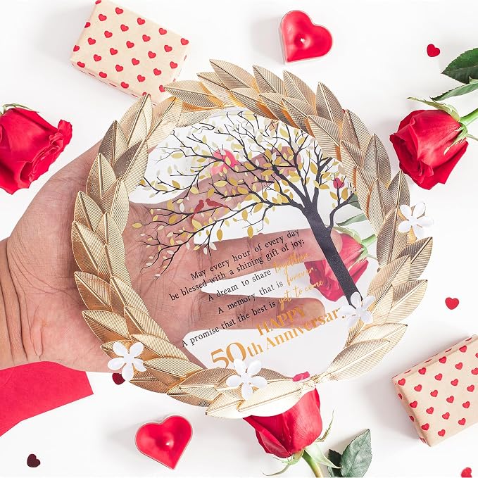 50th Anniversary Wedding Unique Gifts Ideas Crystal Plate with Gold Leaf Wreath - 50th Anniversary Wedding Gifts for Parents Couple - Cardinal Style